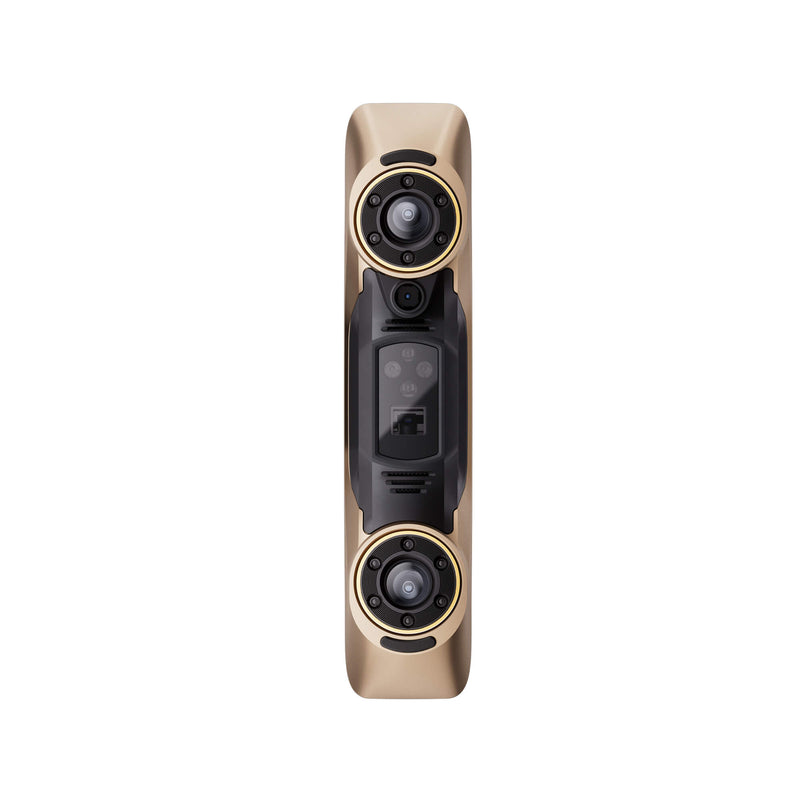 Gold and black Revopoint MetroY Ultra scanning device on a white background.
