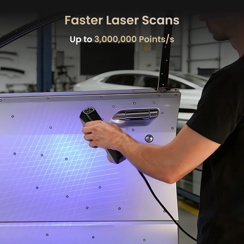 A person using a Revopoint MetroY Ultra scanner on a vehicle component, with laser-scanning information.