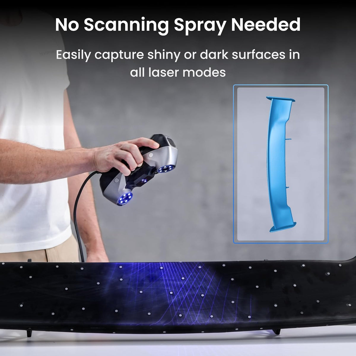 A person using a laser scanner on a car surface in a Revopoint MetroY series scanning demonstration.