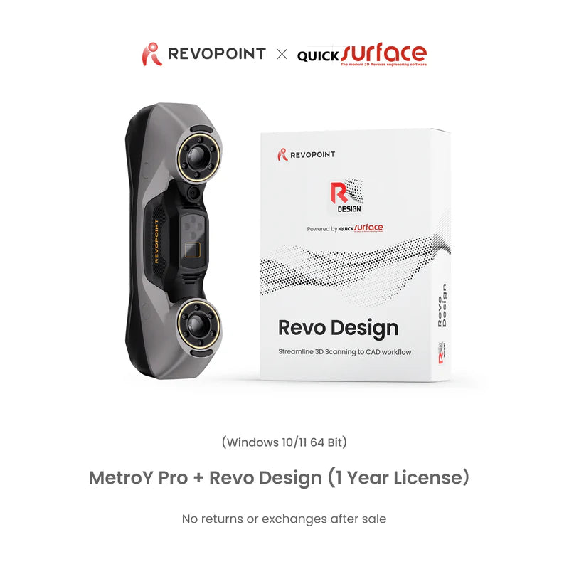 Revopoint MetroY series scanner and Revo Design software packaging, with Revopoint and QuickSurface branding.