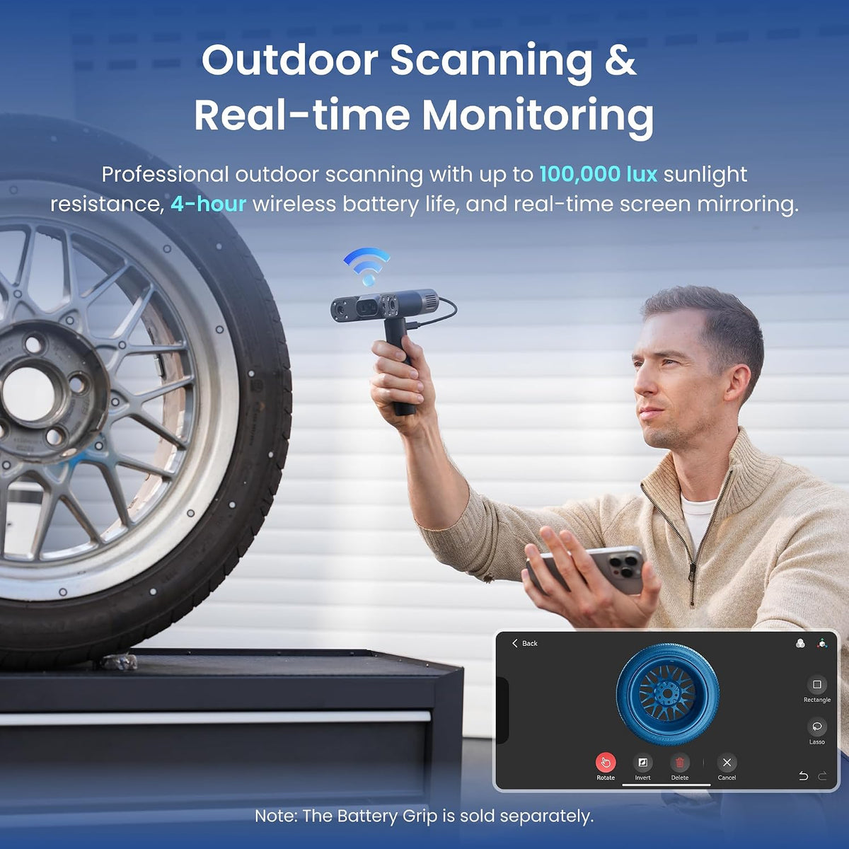 A promotional graphic for an outdoor wheel scanner and real-time monitoring device. A man is shown holding the handheld scanner near a car wheel, with text highlighting features like up to 100,000 lux sunlight resistance and 4-hour wireless battery life.