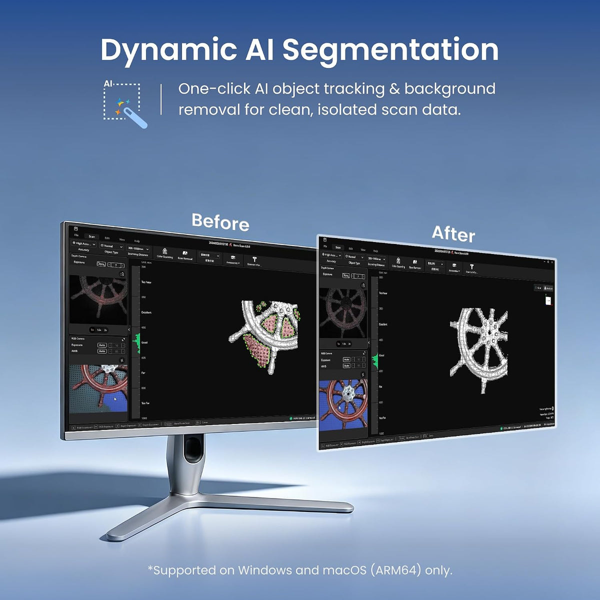 Promotional graphic for a computer monitor featuring a 'Before' and 'After' comparison of dynamic AI segmentation. The monitor displays a 3D model of a ship's wheel with the AI background removed on the right, compared to the full scene on the left.