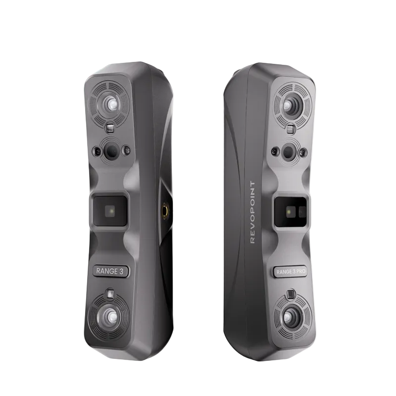 Two REVOPoint range finders in dark gray metallic finish, shown from front and back angles on a white background with a red '5% Pre-orders' badge in the top-left corner.