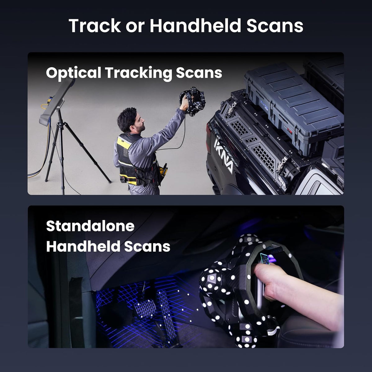 Two images showing optical tracking scans and standalone handheld scans with KNX branding.