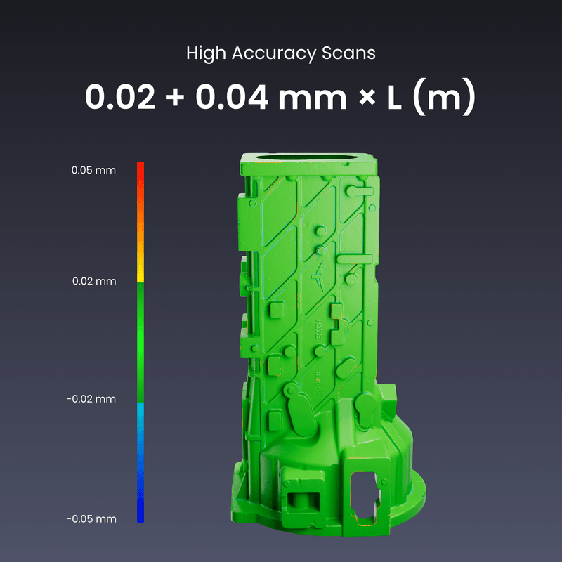 A bright green 3D-printed cylindrical component shown on a dark gradient background with text reading 'High Accuracy Scans' and '0.02 + 0.