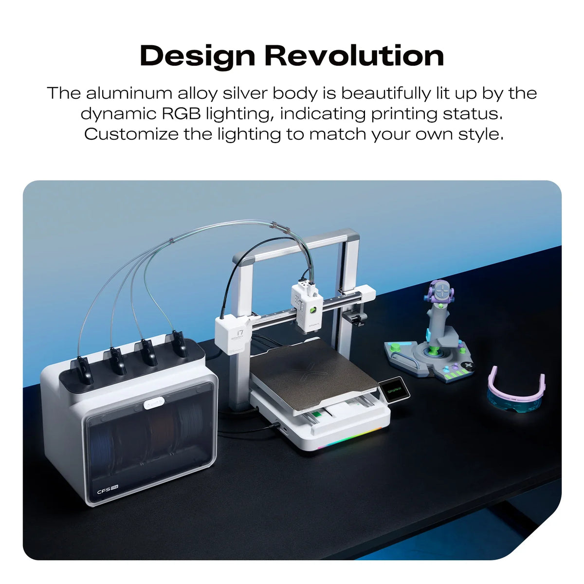 SPARKX i7 Combo 3D Printer with dynamic RGB lighting on a black surface