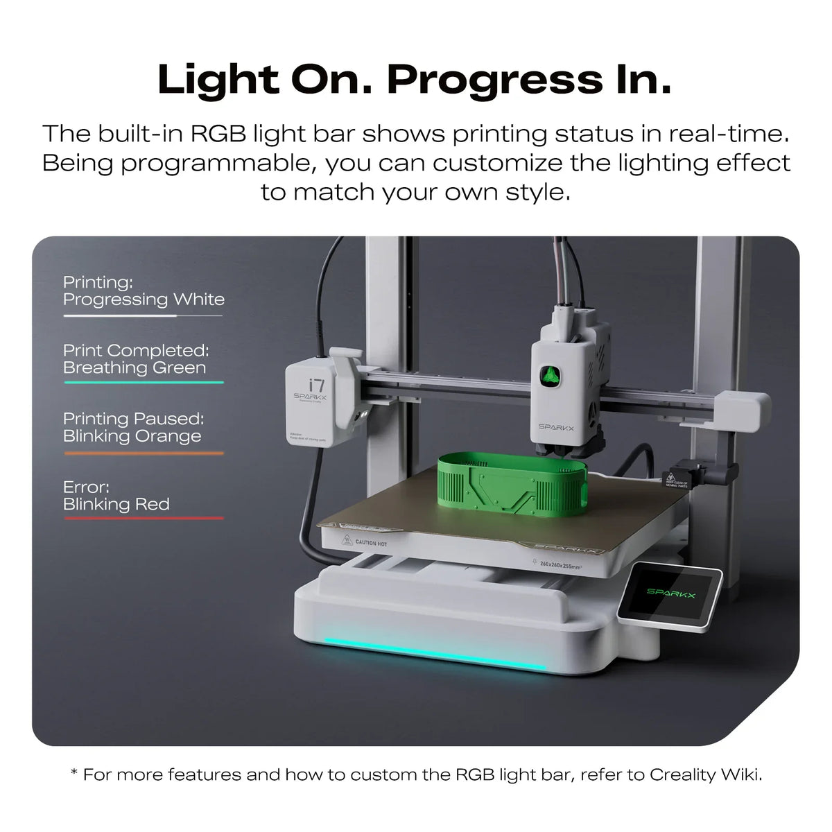 SPARKX i7 Combo 3D Printer with RGB light bar displaying printing status on a gray background