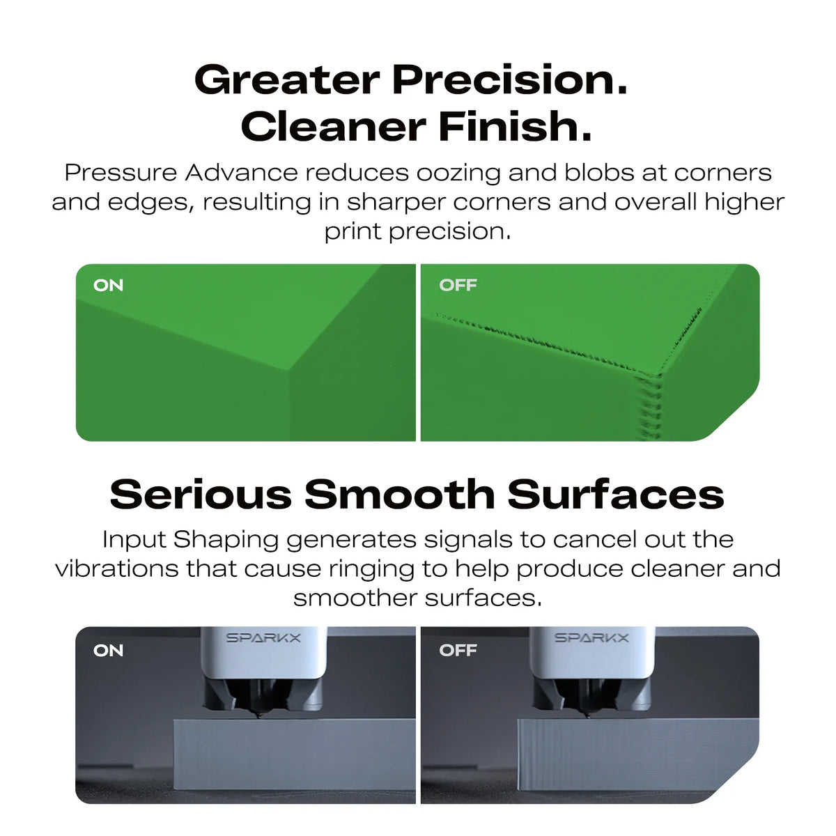 Advertisement for a product with green and black sections, highlighting precision and smooth surfaces.