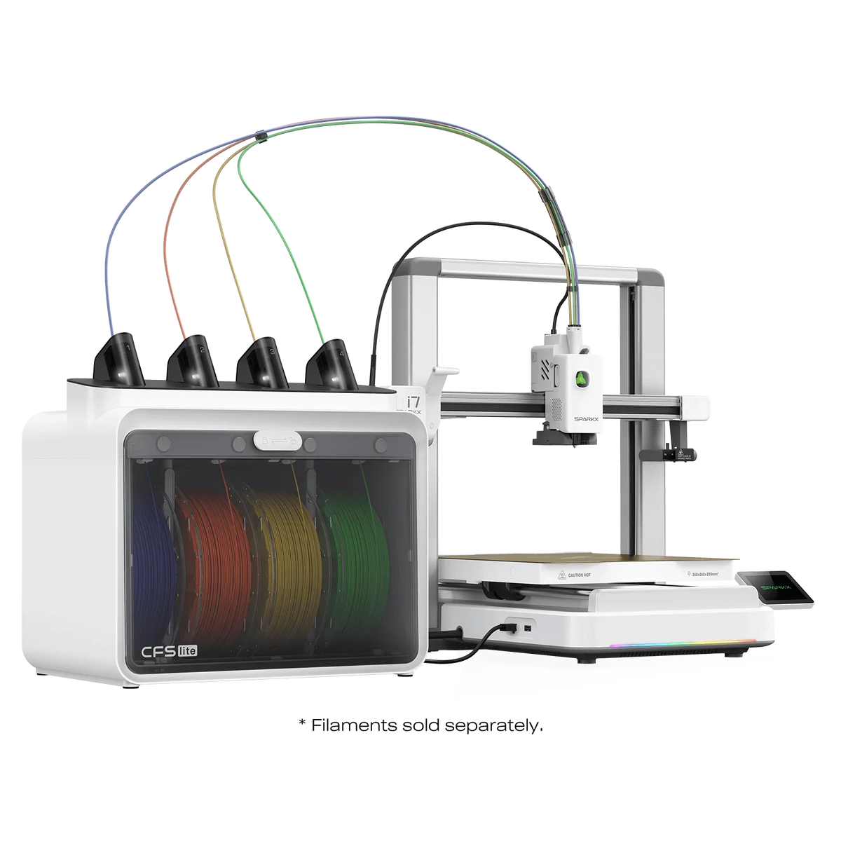 SPARKX i7 Combo 3D Printer with filament storage on a white background