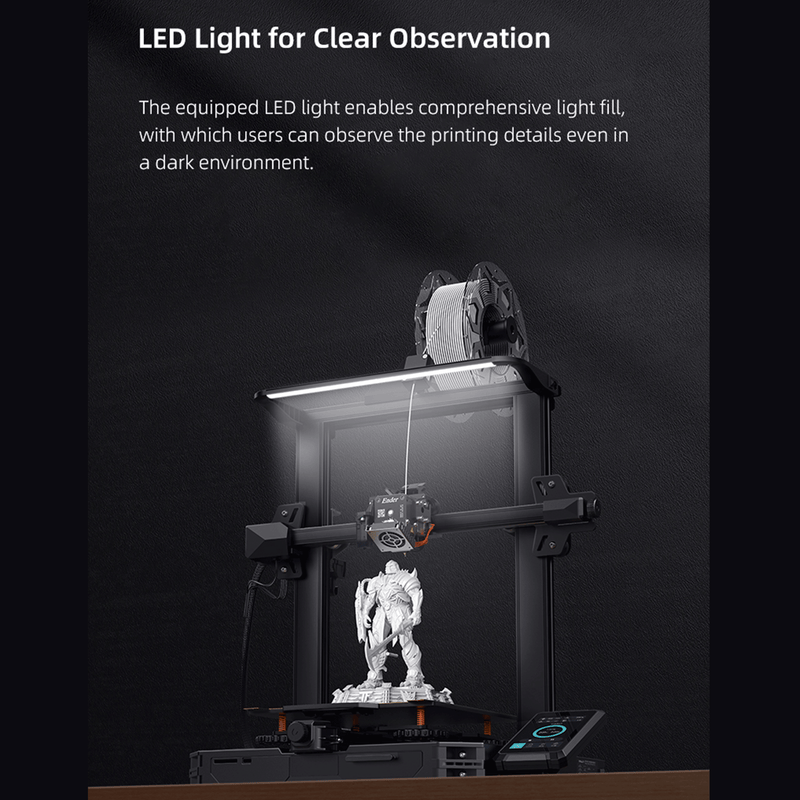 led light equipped on top frame of creality ender 3 s1 pro show the details in a dark environment