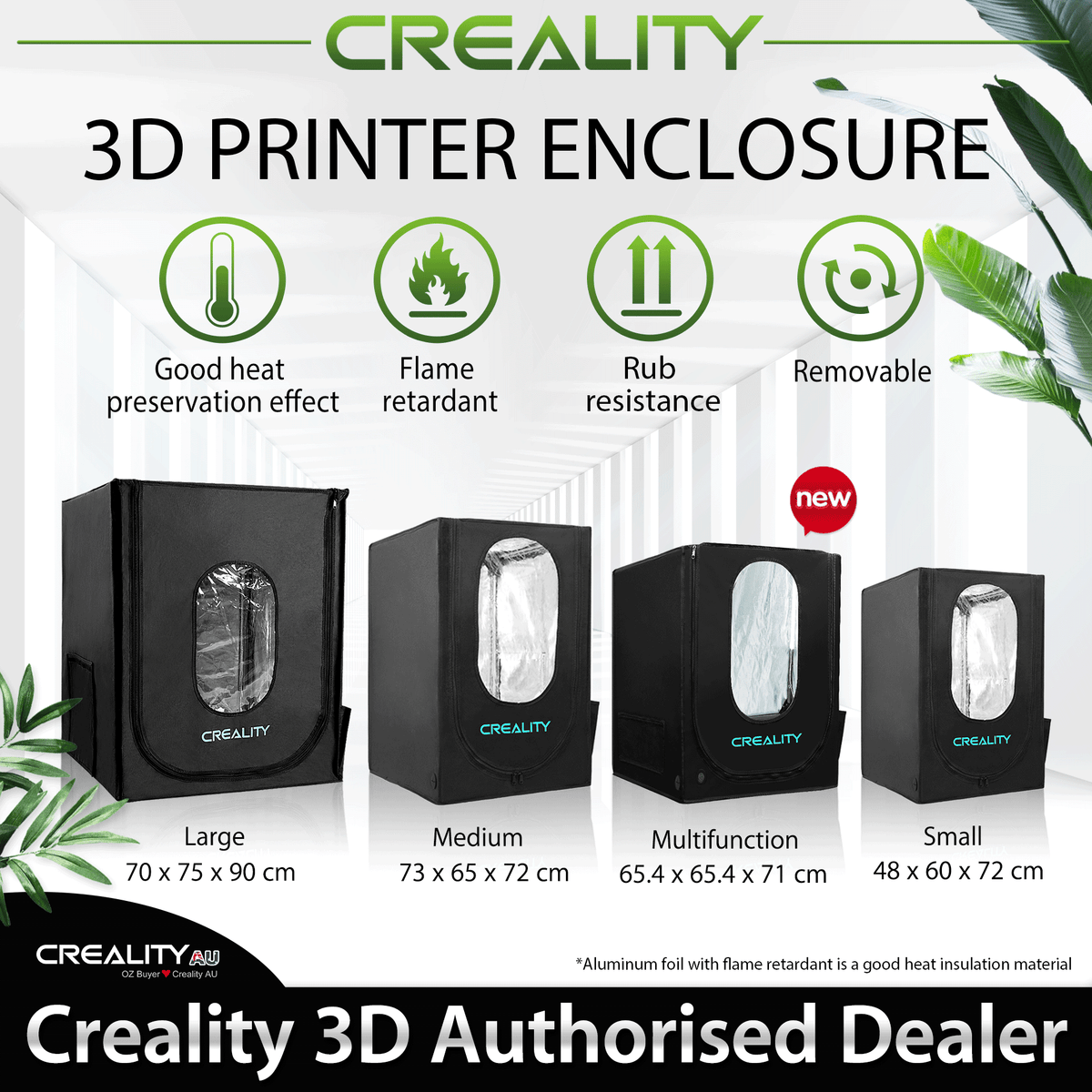 Creality 3D printer enclosure range showing Large, Medium, Multifunction and Small models side by side.