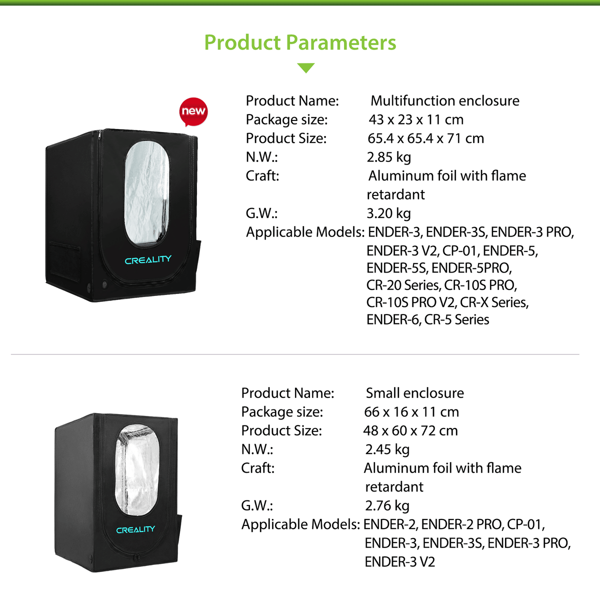 Specifications diagram for the Creality Multifunction and Small 3D printer enclosures, with dimensions and model information.