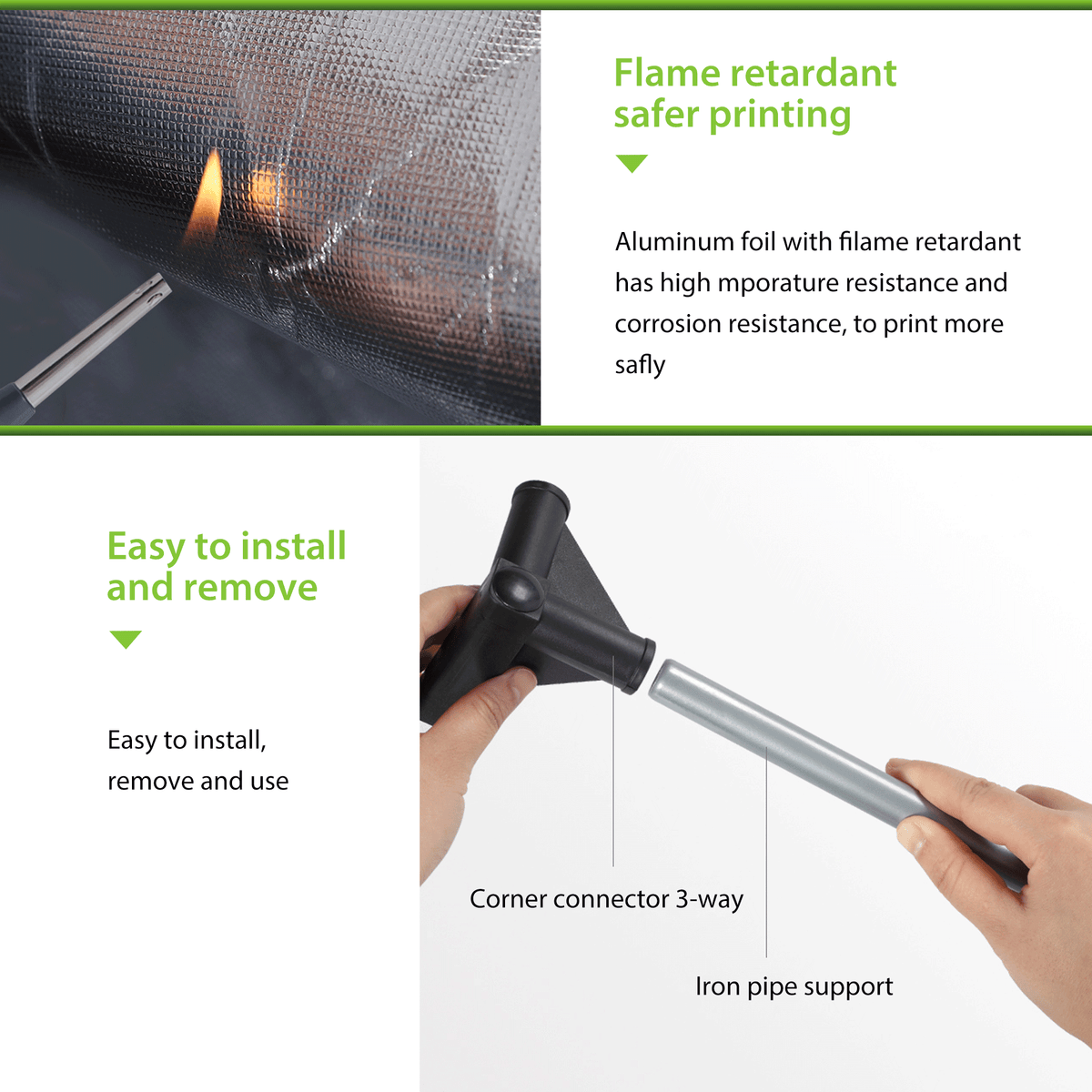Creality enclosure detail graphic showing a flame test on the inner lining and hands assembling a frame corner connector.