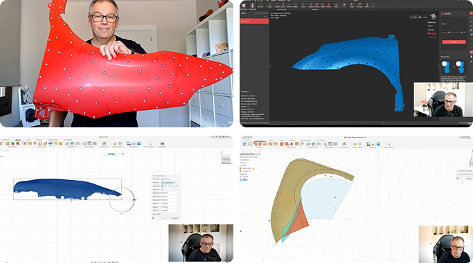 Norbert Rovira with a red automotive component alongside its scanned mesh and Fusion 360 geometry