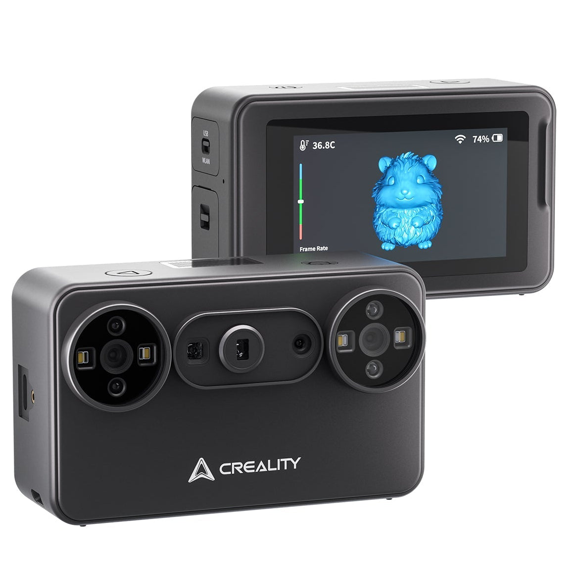 Two views of the black Creality Pika scanner, showing camera lenses, the logo and an active screen.