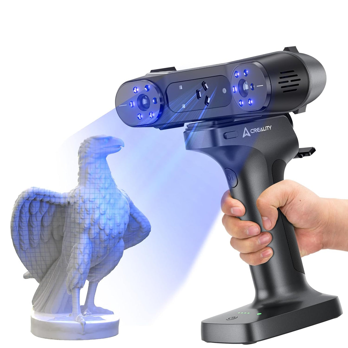 Creality CR-Scan RAPTORX handheld scanner shown scanning a bird figurine.