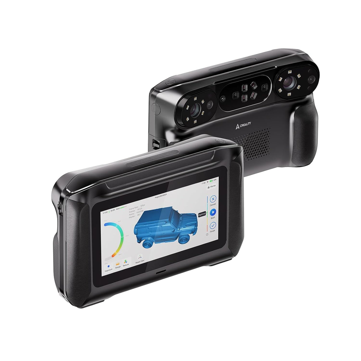 Creality SERMOON P1 scanning devices with a screen displaying a blue truck model, on a white background.