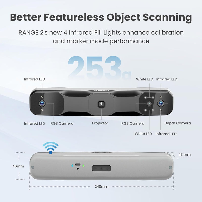 Revopoint RANGE 2 3D Scanner for 3D Printing Handheld, 3D Printer Scanner 0.1 mm Precision, 3D Modeling Built-in RGB Color Camera, Supports Body Face Large Objects Scan, Support Win/Android/iOS/macOS