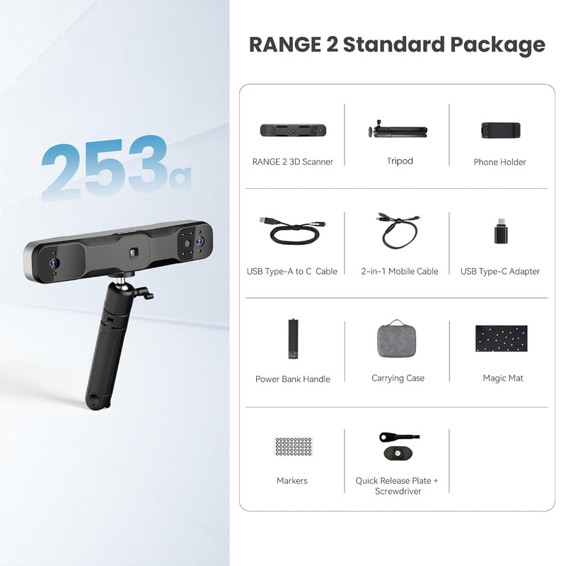 Revopoint RANGE 2 3D Scanner for 3D Printing Handheld, 3D Printer Scanner 0.1 mm Precision, 3D Modeling Built-in RGB Color Camera, Supports Body Face Large Objects Scan, Support Win/Android/iOS/macOS
