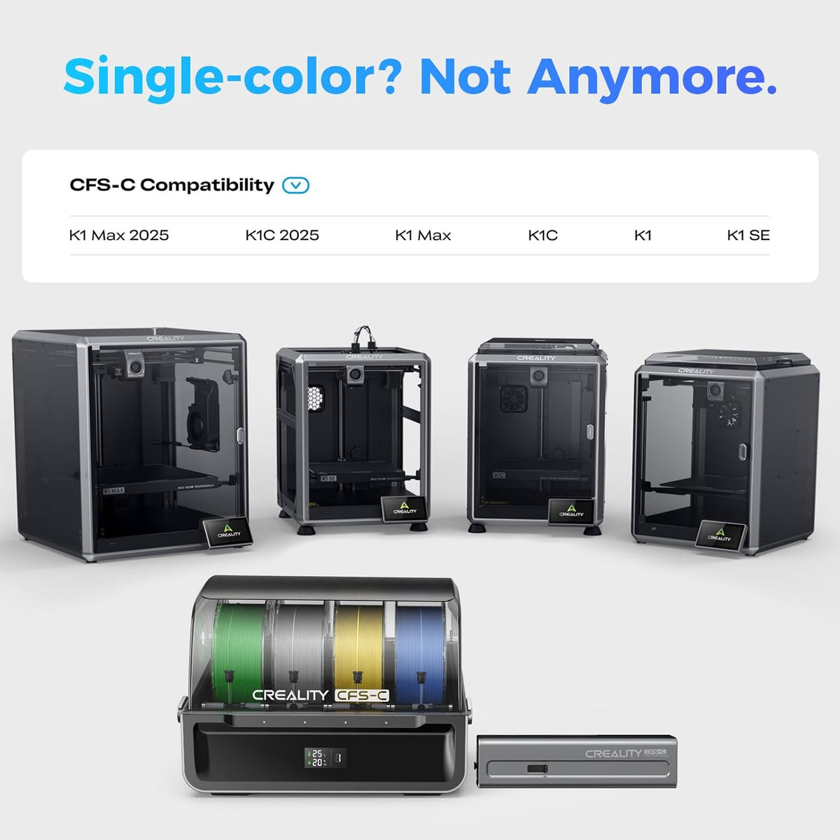 Collection of Creality 3D printers with compatibility information on a white background