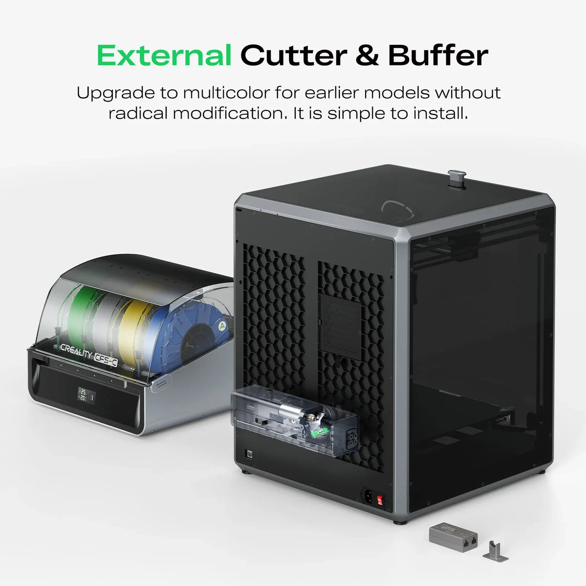 3D printer with external cutter and CFS-C Filament System
 buffer on a white background