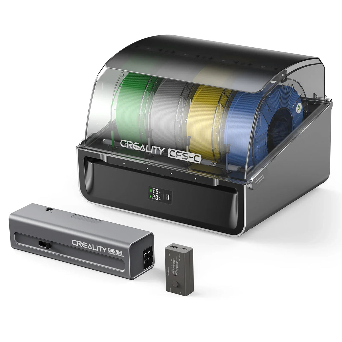 Creality 3D printing filament storage box with spools of filament and a power adapter on a white background