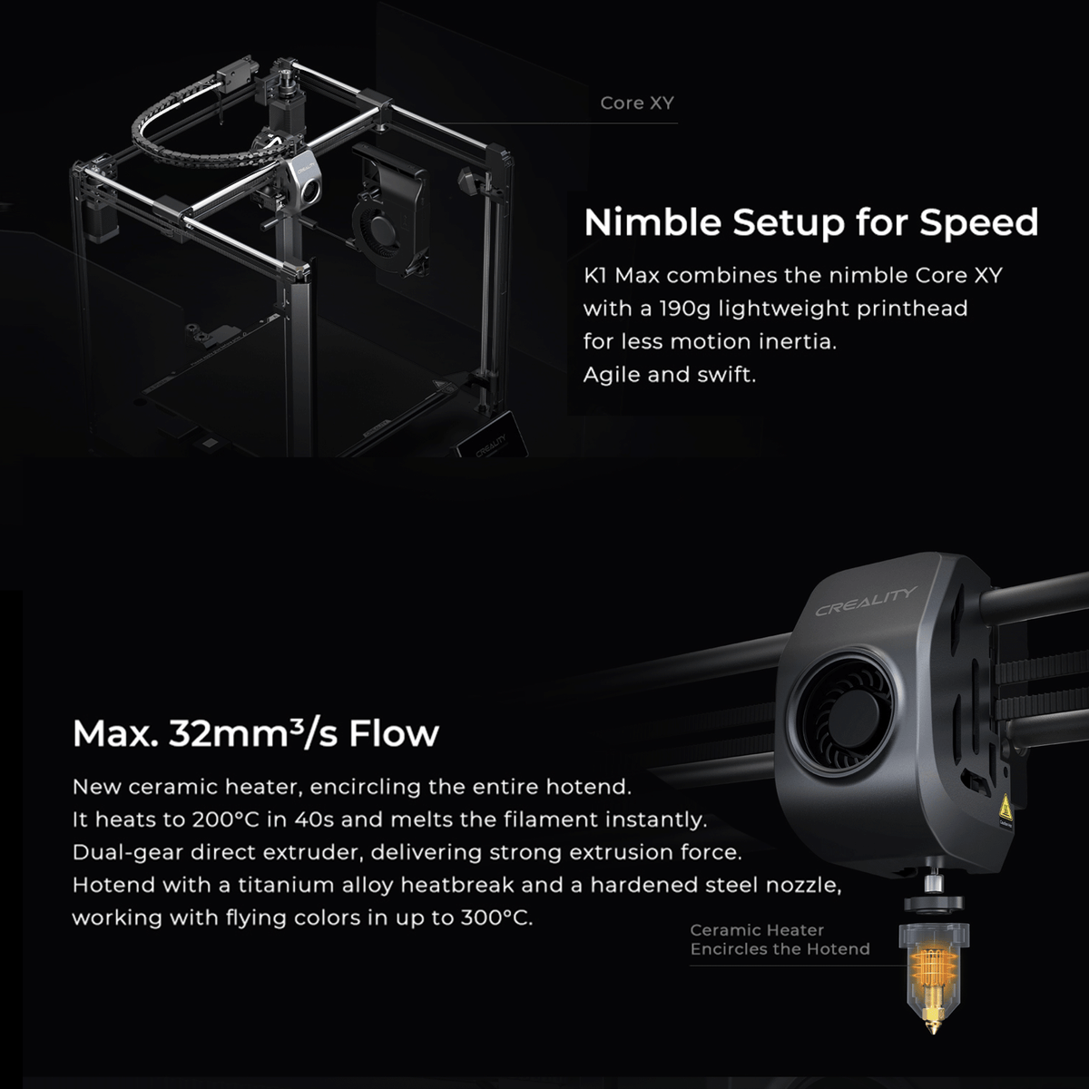 Creality K1 MAX 3D Printer Upgrade with 600mm/s Printing Speed, 300°C High-Temperature Nozzle, Direct Extruder Hands-Free Auto Leveling Dual Z Axes Stable Cube Frame- Print Size: 300 x 300 x 300mm
