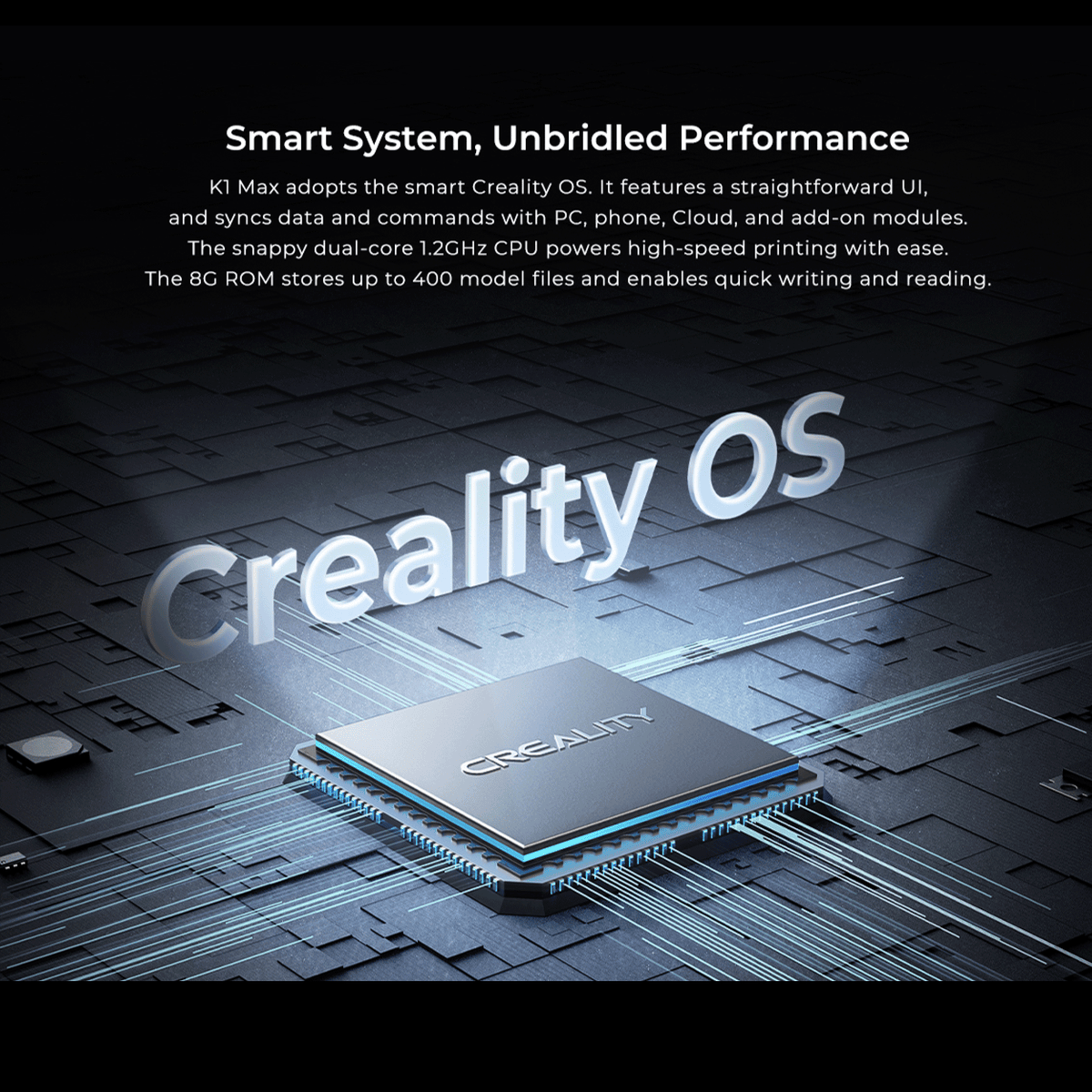 A digital graphic illustrating the Creality K1 Max 3D printer's smart system, featuring a central microchip on a glowing blue circuit board beneath large 3D "Creality OS" text. The image details its unbridled performance and straightforward UI, highlighting that it is powered by a snappy dual-core 1.2GHz CPU for high-speed printing and an 8G ROM capable of storing up to 400 model files