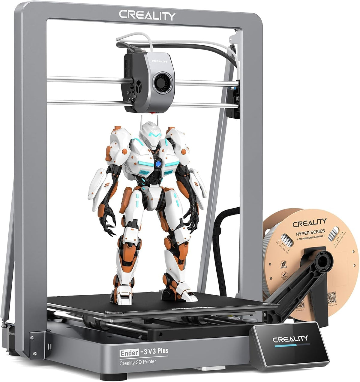 Creality 3D printer with a printed robot model on a white background