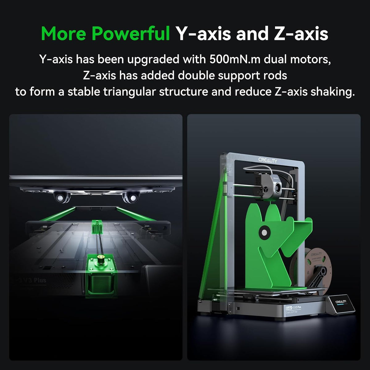 3D printer with text about Y-axis and Z-axis upgrades on a dark background