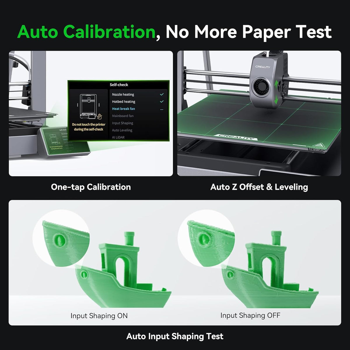 3D printer with auto calibration features on a black background