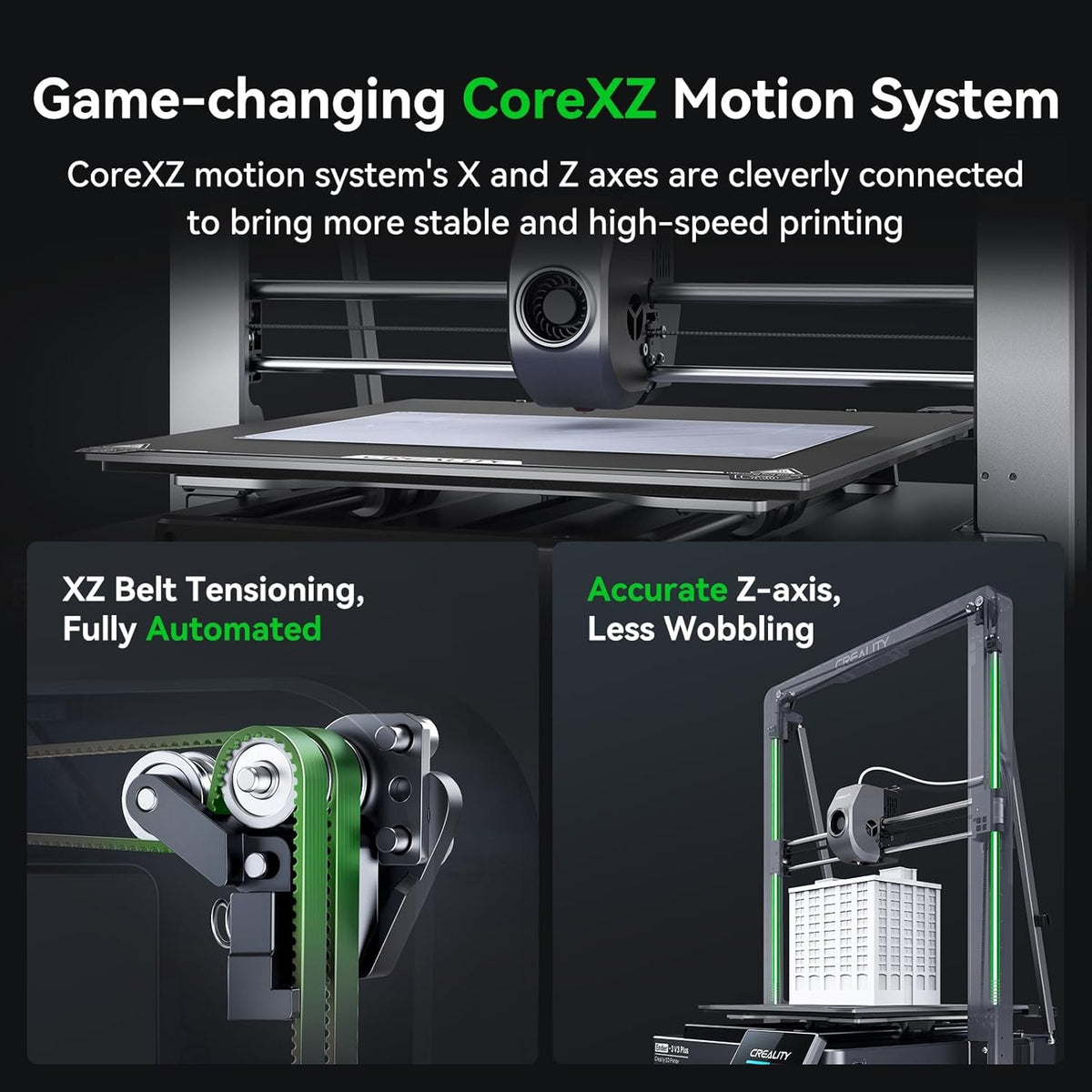 Advertisement for a 3D printer with CoreXZ motion system features on a black background.