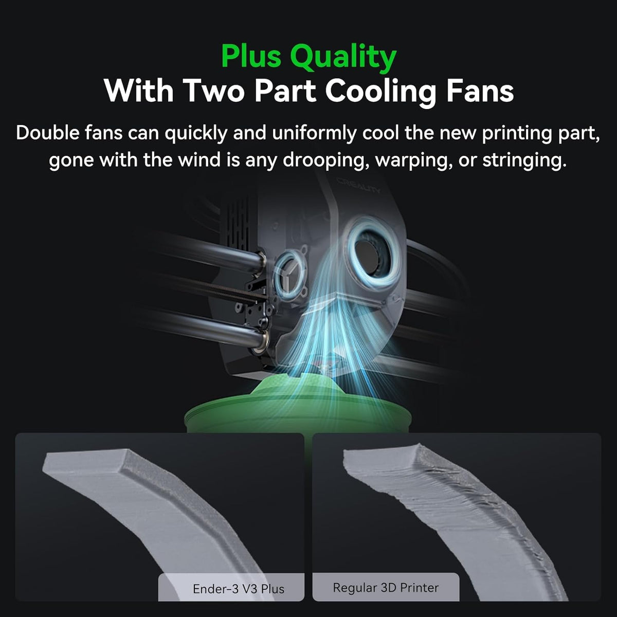 3D printing process with cooling fans and quality improvement text on a black background