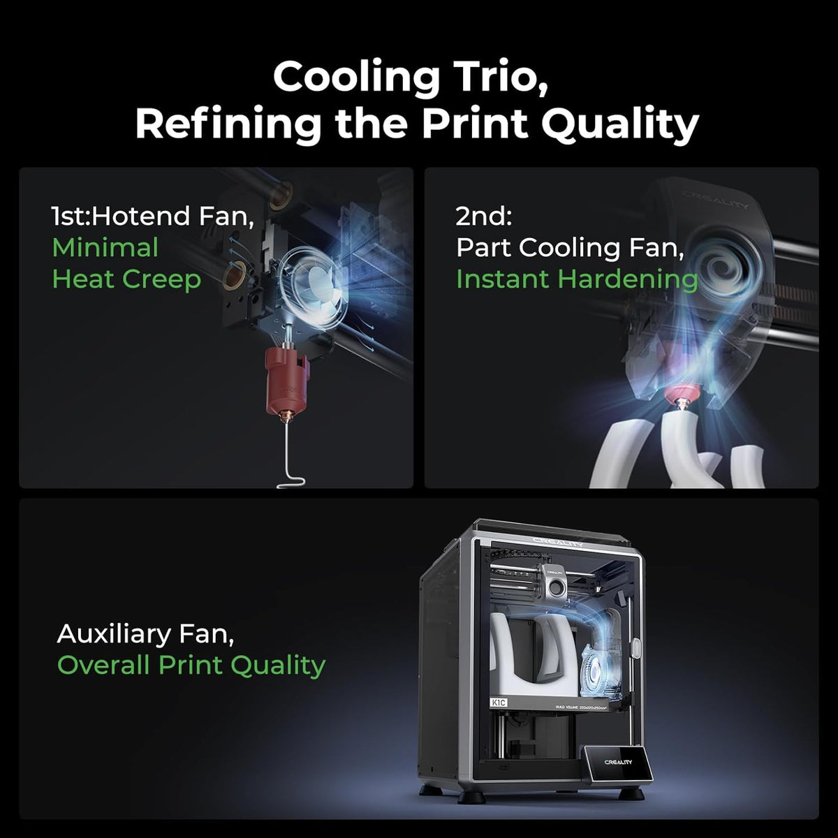 Advertisement for a cooling system with text and images of fans and a machine on a dark background.