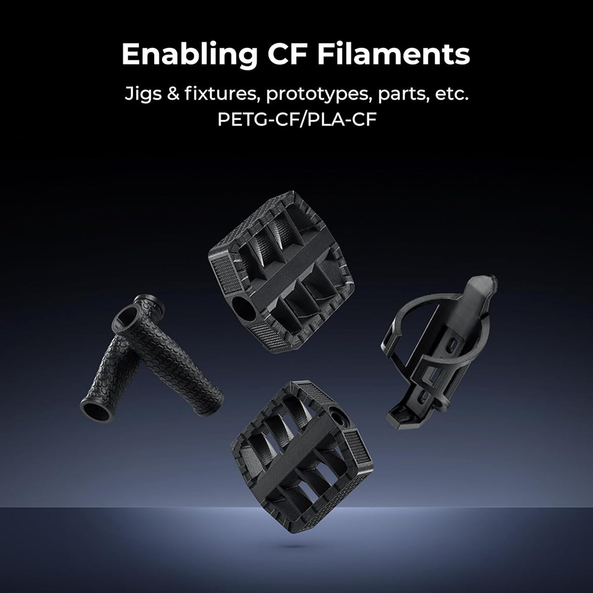 Black 3D-printed components on a gradient background with text about CF filaments.