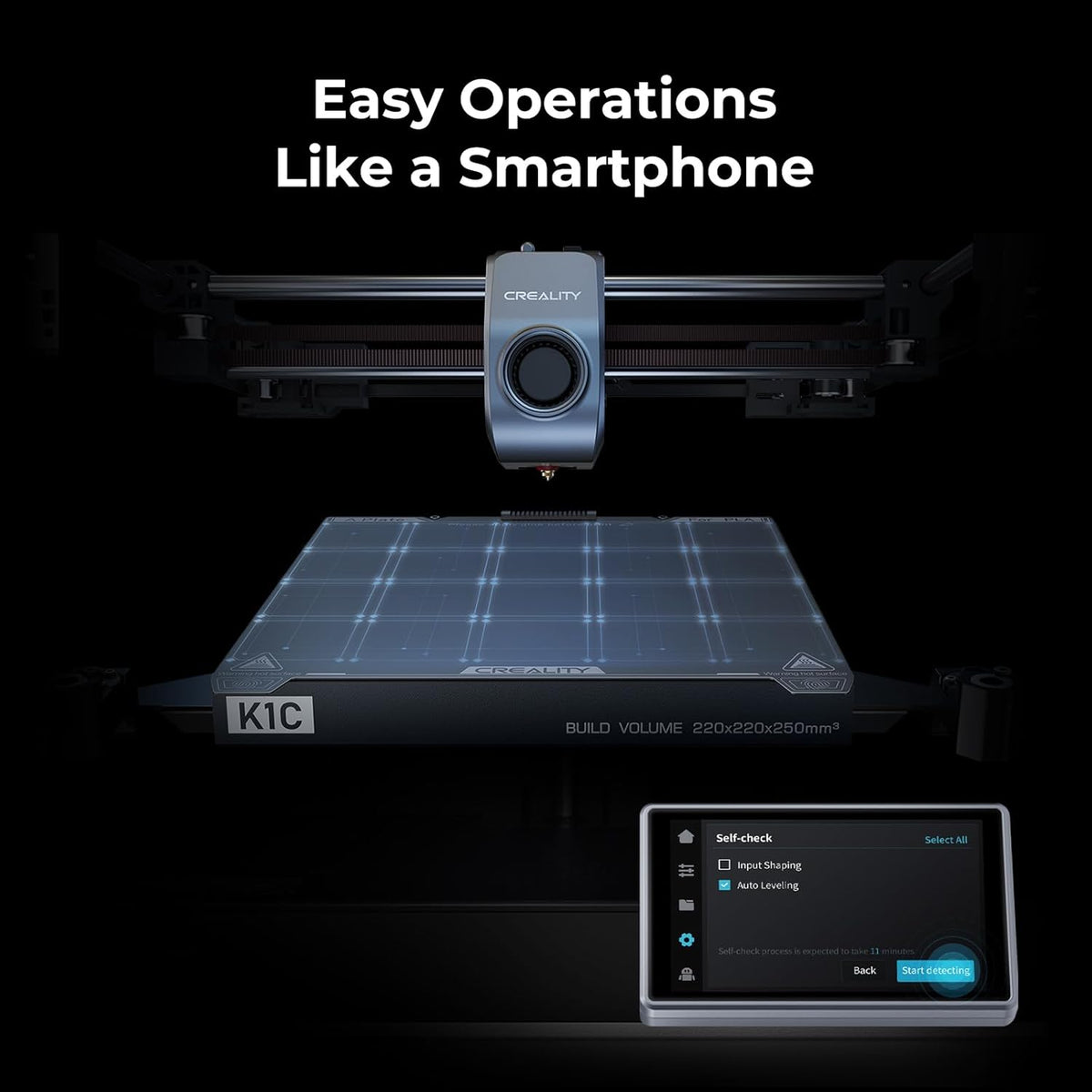 3D printer with 'CREality' branding on a dark background, featuring text 'Easy Operations Like a Smartphone'.