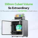 3D printer with a colorful object and text highlighting its build volume on a light blue background