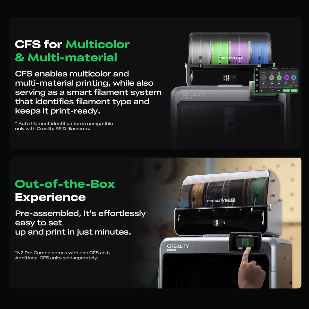 Creality 3D printer with CFS unit on a black background