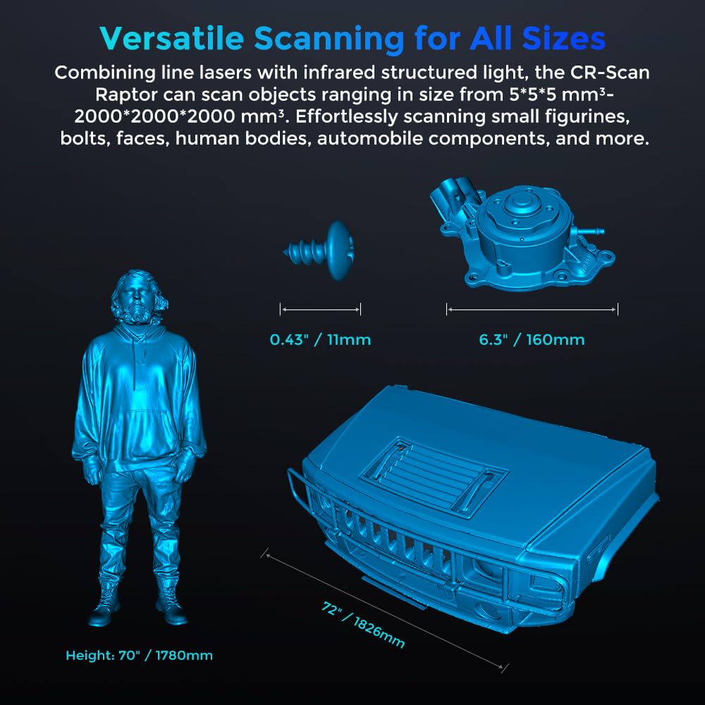 CR-Scan Raptor scanning capabilities with objects and human figure for scale on a black background