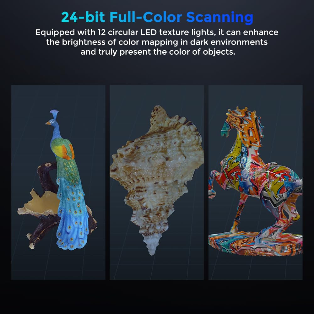 Colorful peacock, shell, and horse sculpture with text about 24-bit full-color scanning.