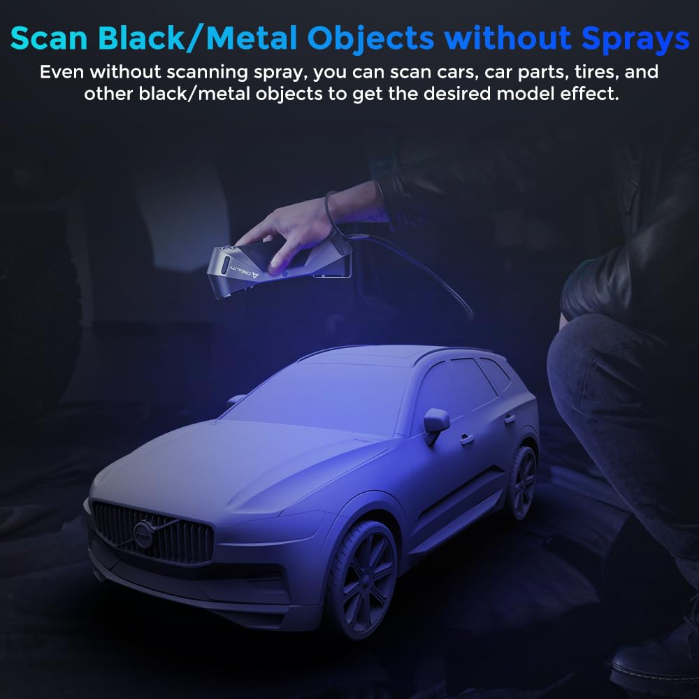 Person using a device to scan a car model without using a spray, with text about scanning black/metal objects.