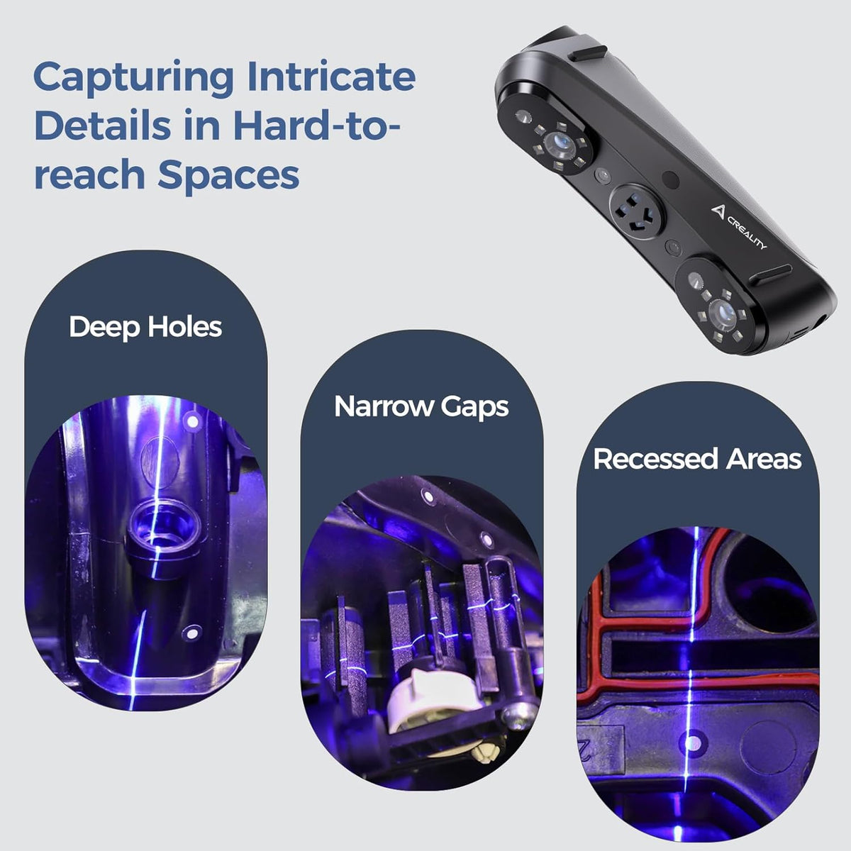Creality SERMOON S1 detail-scanning graphic showing deep holes, narrow gaps and recessed areas.