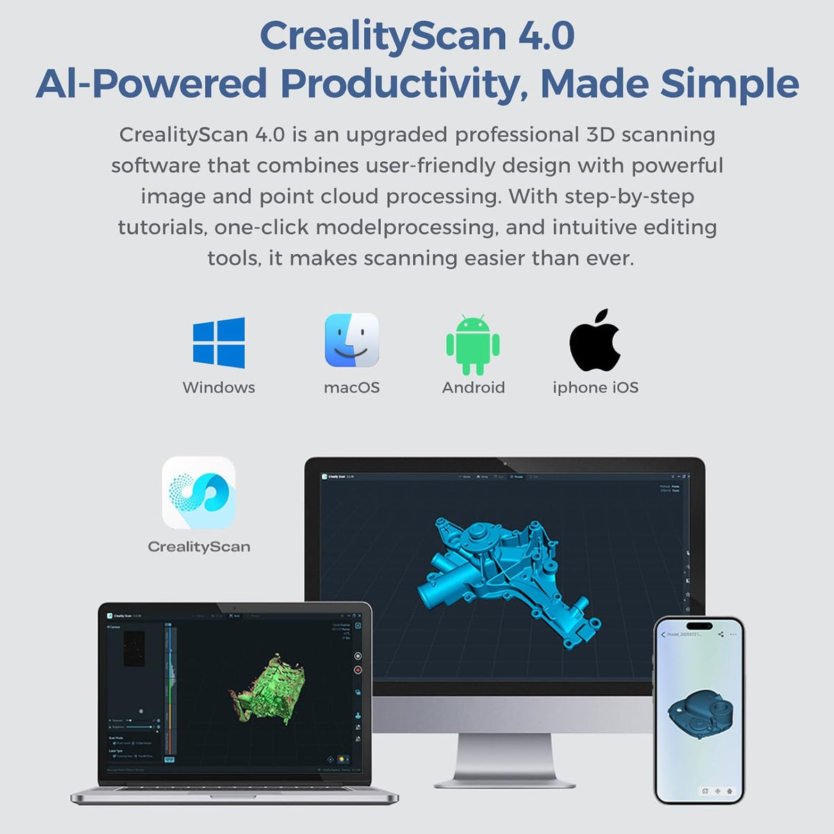 CrealityScan software graphic showing compatibility icons and a computer display with 3D scan data.