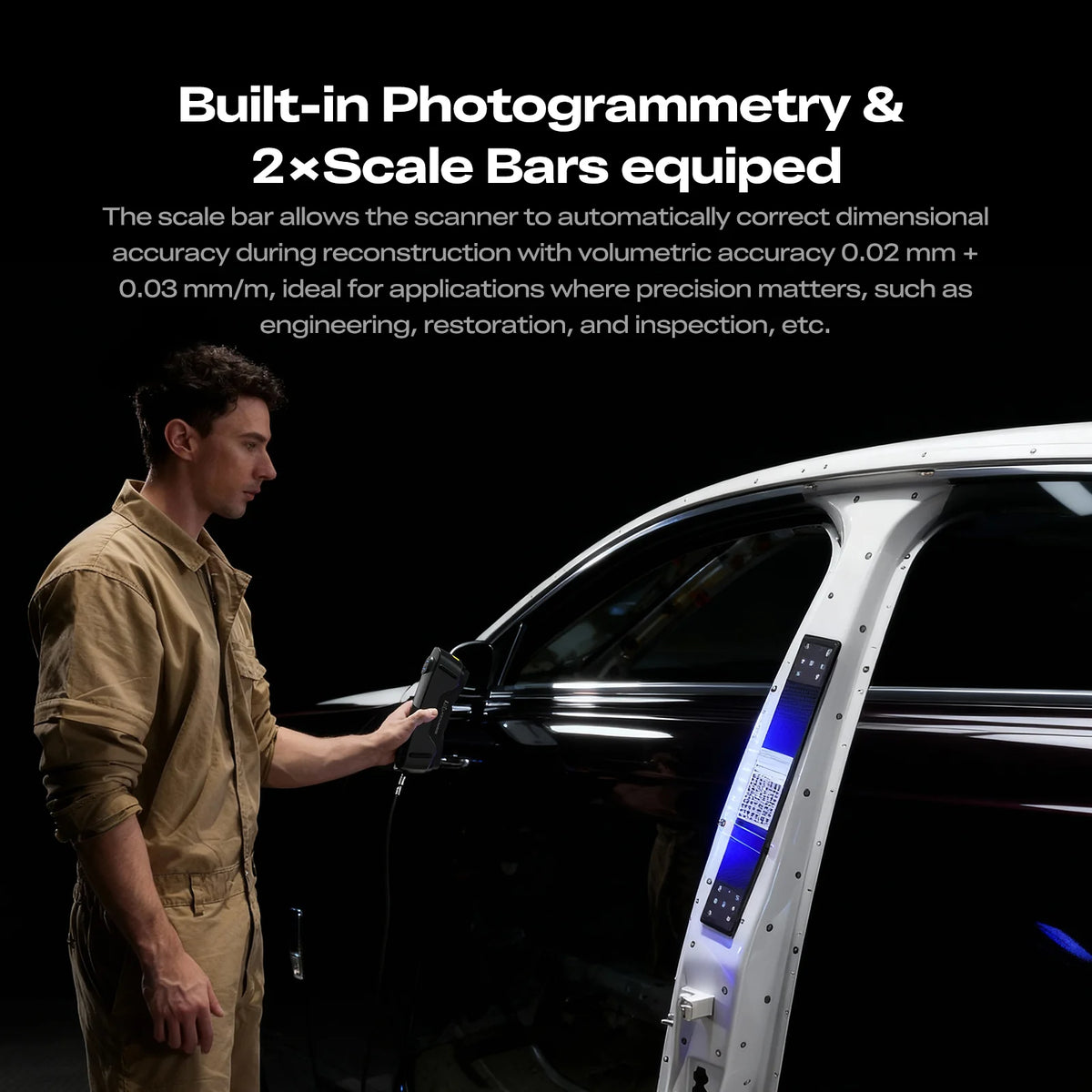 Creality SERMOON X1 scanning illustration showing a person working on a car frame with measurement-reference text.