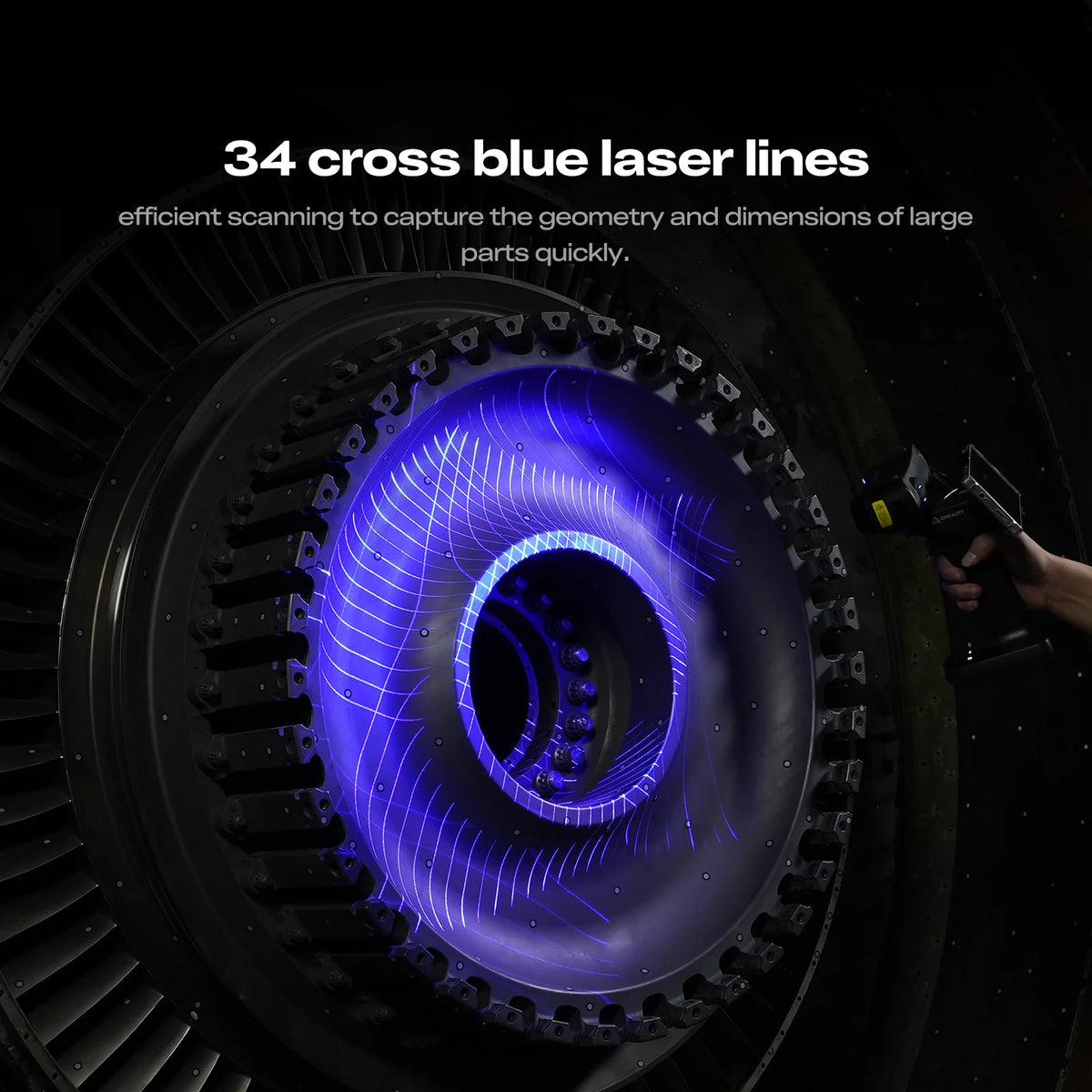Creality SERMOON X1 laser-scanning illustration showing blue lines on a large mechanical part.