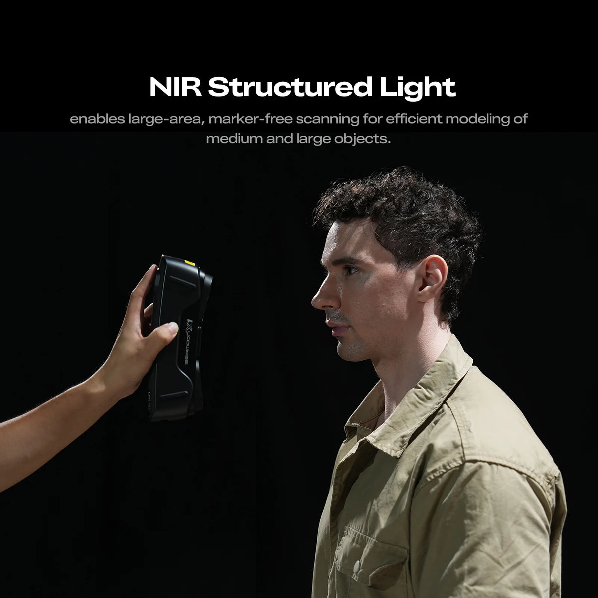 Person holding a Creality SERMOON X1 scanner beside infrared structured-light feature text.