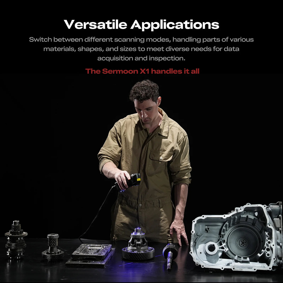 Person working with mechanical parts on a table in a Creality SERMOON X1 application graphic.