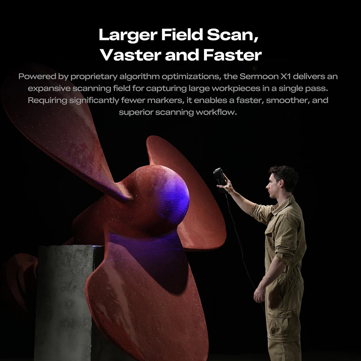 Person using a Creality SERMOON X1 scanner on a large red object.
