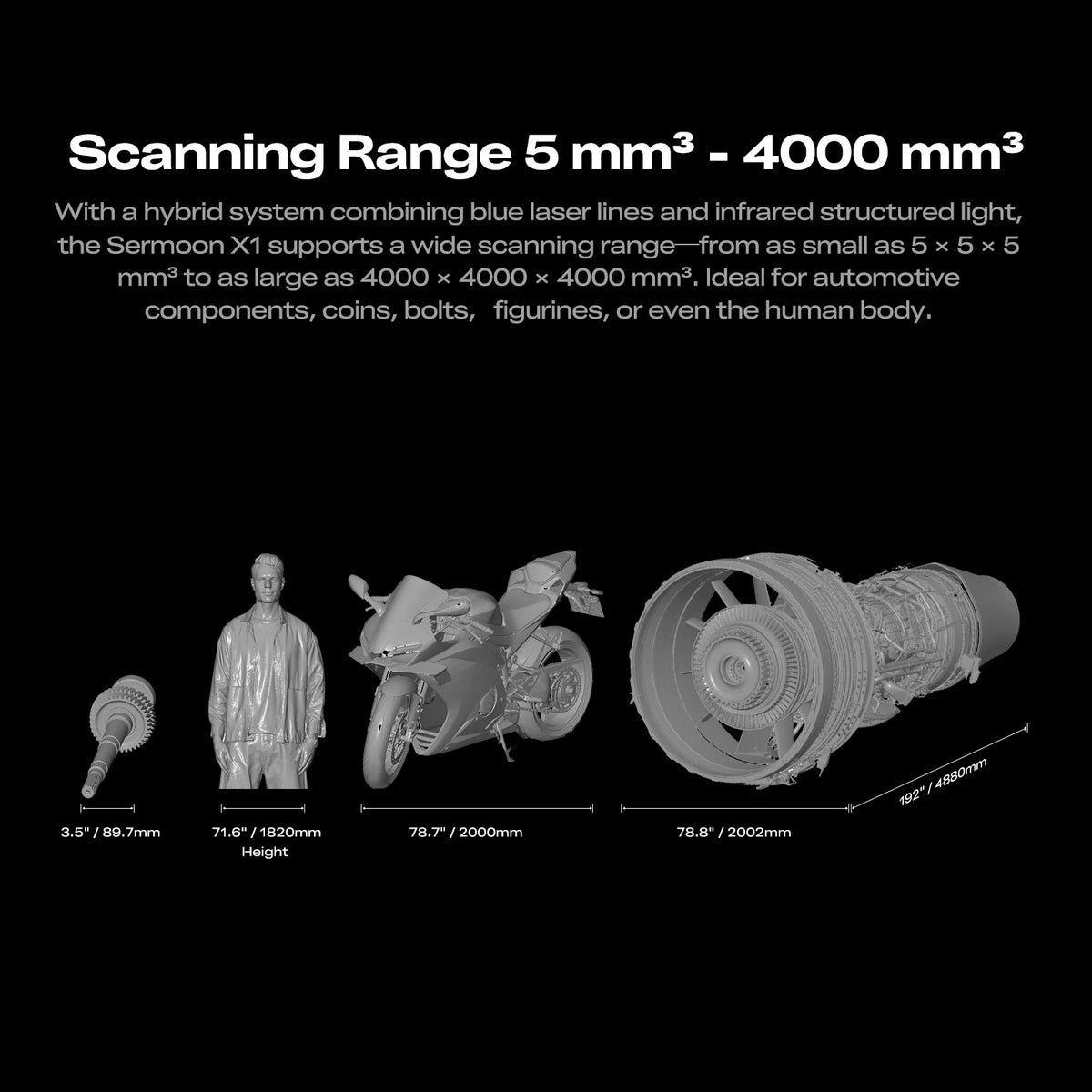 Creality SERMOON X1 scanning-range chart with a person, motorcycle and engine as object examples.