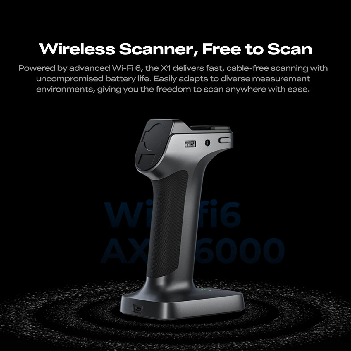 Creality SERMOON X1 wireless-scanning graphic with Wi-Fi and battery information on a black background.